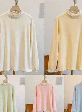 马卡龙C4841磨毛德绒蕾丝边立领长袖打底T恤