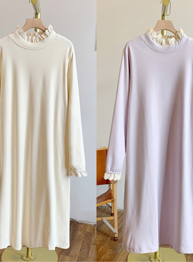 梦中裙C4944德绒磨毛蕾丝边立领连衣裙