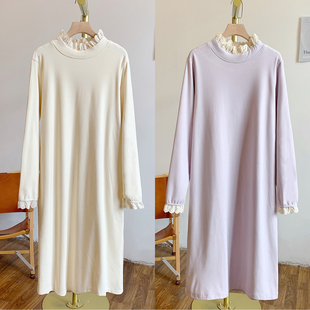 梦中裙C4944德绒磨毛蕾丝边立领连衣裙