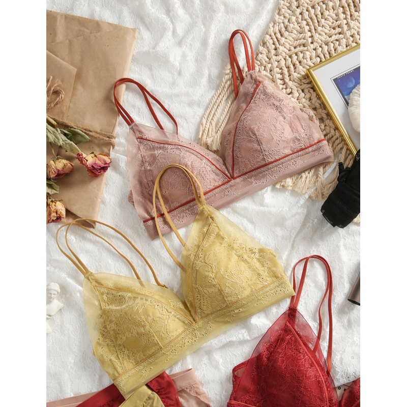薄款文胸女超薄大胸显小法式蕾丝性感内衣女无钢圈美背文胸套装