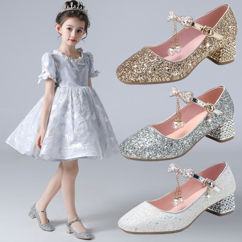 女童公主鞋2025春秋礼服钢琴表演出鞋儿童高跟女孩走秀鞋白色皮鞋
