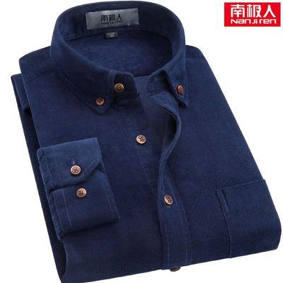 南极人灯芯绒藏蓝色男士长袖衬衫