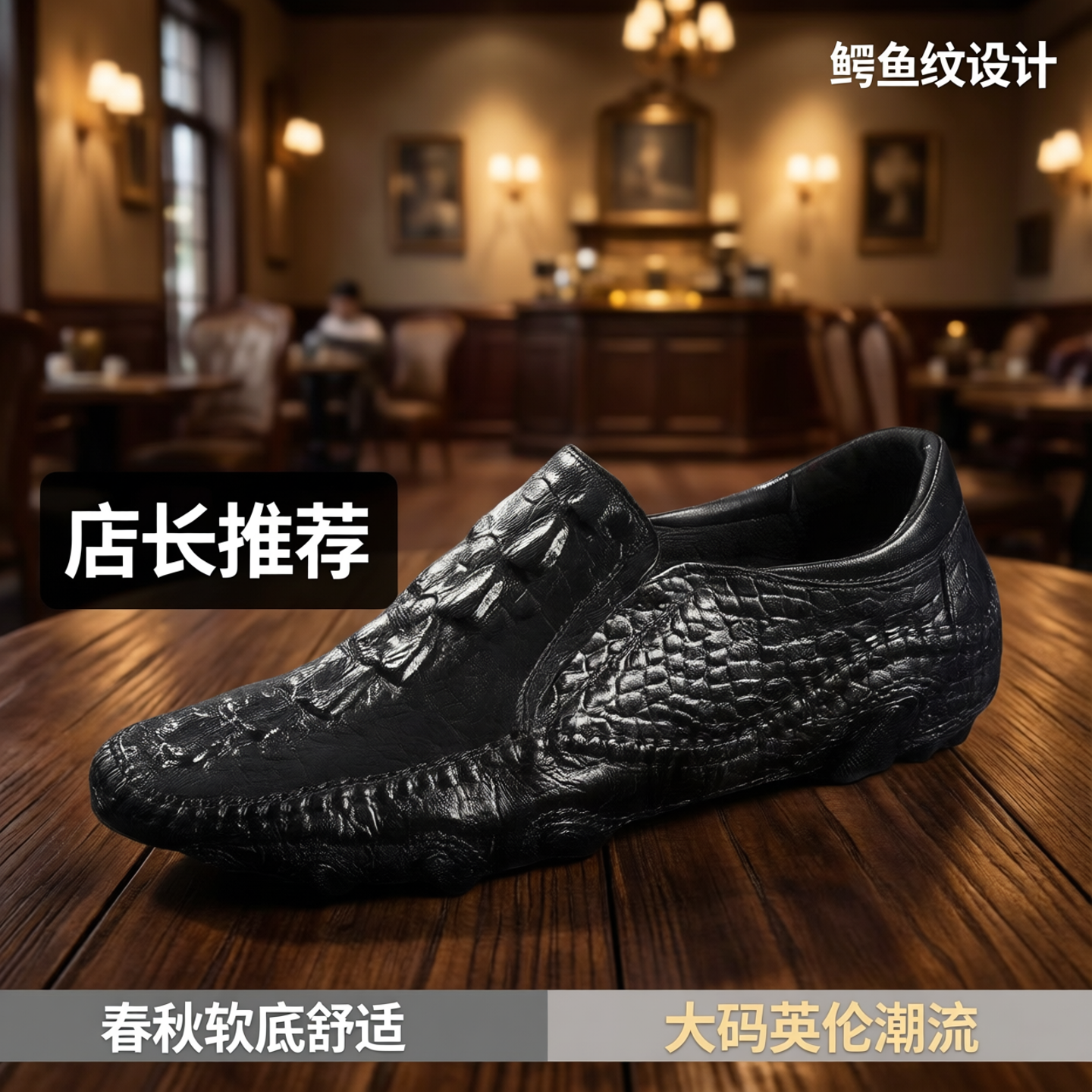 店长推荐男士头层牛皮鞋一脚蹬豆豆鞋春秋软底大码英伦潮流鳄鱼纹