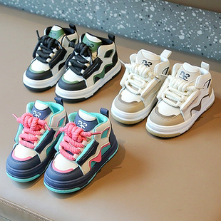 儿童运动鞋2025春秋男童休闲板鞋高帮女童面包鞋多巴胺宝宝老爹鞋