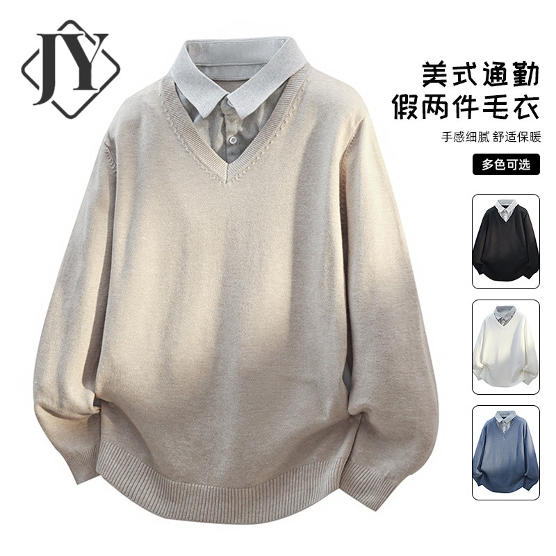 秋冬季韩版高级感假两件休闲百搭针织毛衣男青少年保暖线衣打底衫