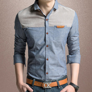 休闲衬衫 青年韩版 男长袖 免烫牛津纺拼色寸衫 牛仔衬衣男 修身 春秋季