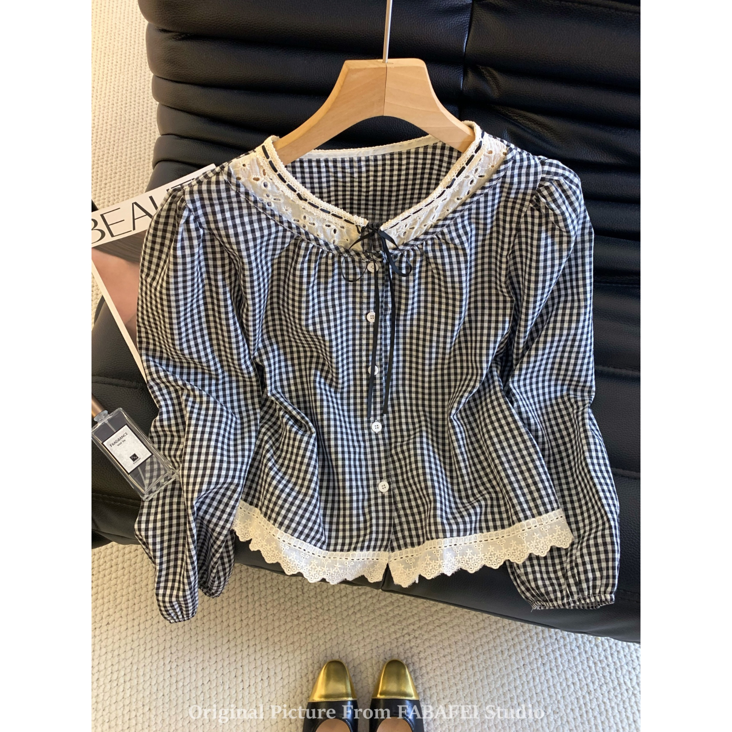 法式蕾丝花边格短款衬衫复古衬衣