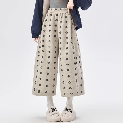 2026新款文艺复古花朵阔腿裤女秋冬宽松高腰显瘦八分休闲直筒裤女
