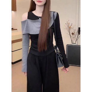 大码胖妹妹韩版撞色拼接露肩长袖T恤女秋修身显瘦高级感百搭上衣