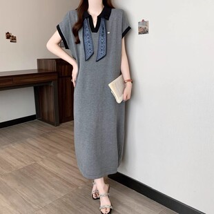 丝巾polo领正肩连衣裙2025夏季新款大码胖mm直筒遮肚慵懒风连衣裙