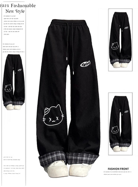 卡通猫咪印花黑色休闲裤裤子女款2025冬季新款格子翻边加绒运动裤