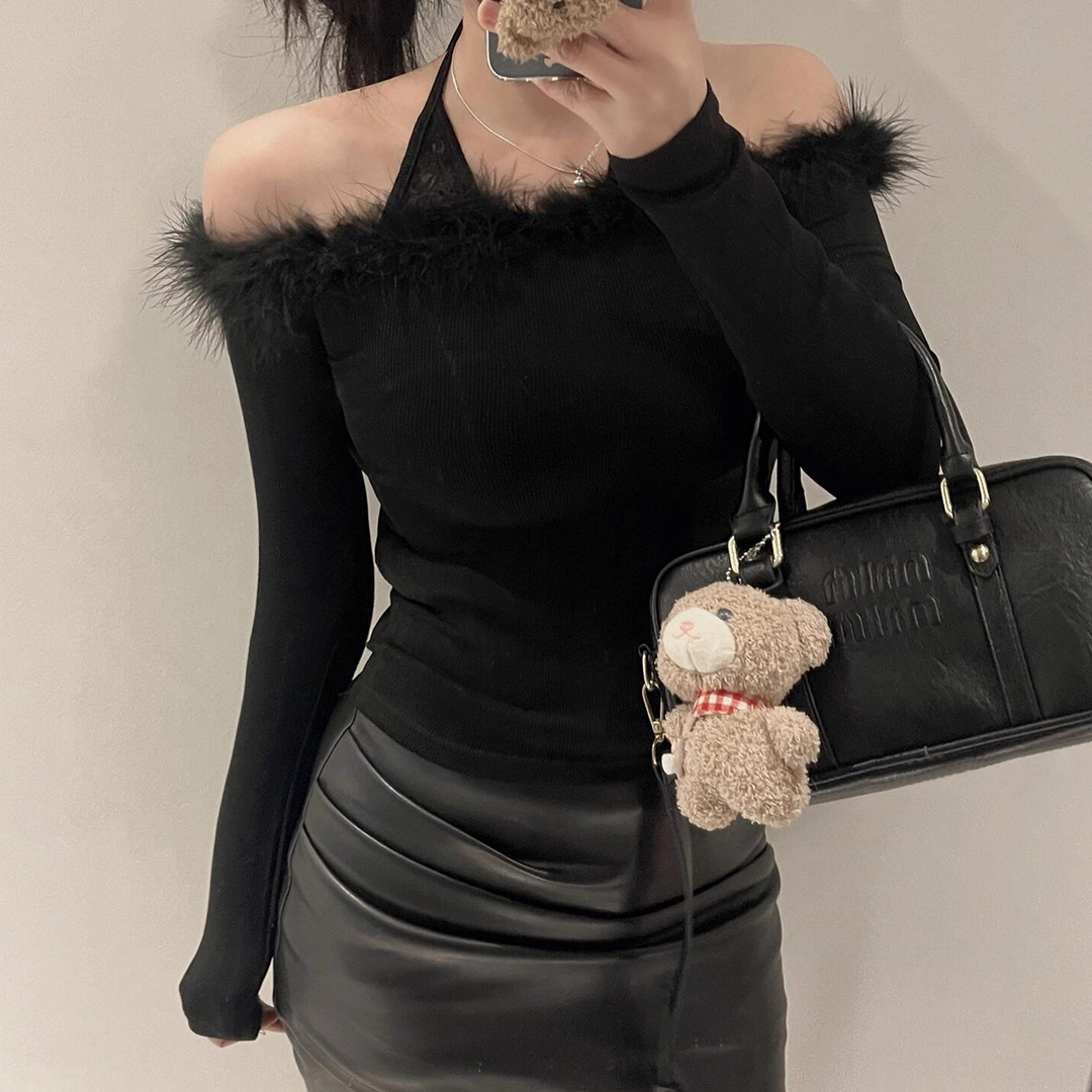 秋冬毛领一字肩蕾丝挂脖长袖T恤女设计感小众气质打底衫辣妹上衣