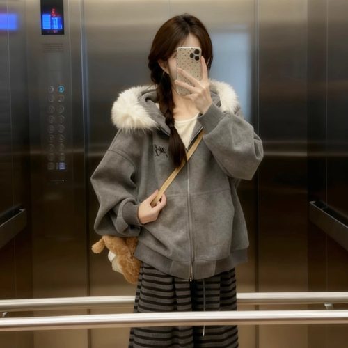 韩系慵懒风个性宽松连帽灰色外套