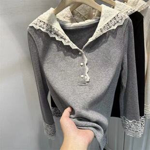 坑条磨毛拼接蕾丝连帽打底衫女2025早春新款韩版百搭长袖T恤上衣
