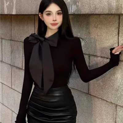 法式蝴蝶结系带长袖T恤女上衣潮