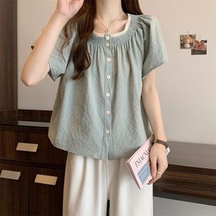 女夏季 大码 衬衫 法式 胖mm宽松遮肚子显瘦甜美减龄雪纺上衣 方领短袖