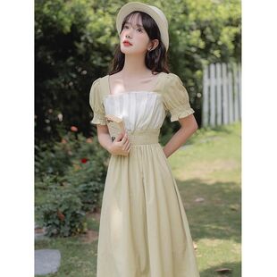 森系设计感温柔风泡泡袖 新款 长裙 方领绿色连衣裙女2026年夏季 法式