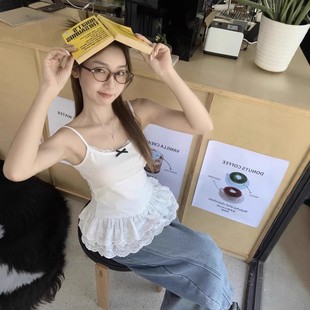白色蝴蝶结吊带背心大码 显瘦叠穿内搭上衣潮 女装 蕾丝花边下摆修身