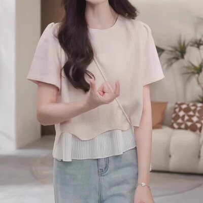 拼接波浪下摆短袖T恤上衣