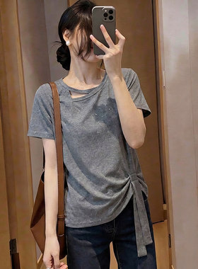 大码亮闪闪正肩短袖T恤女2026夏新款胖mm独特洋气小衫不规则上衣