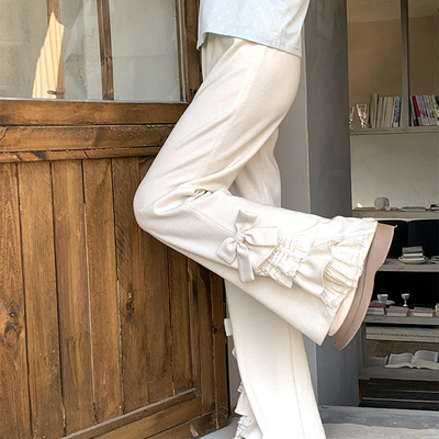 蝴蝶结蕾丝设计休闲裤直筒裤长裤