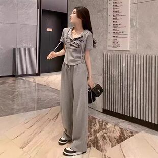 运动休闲套装女夏季2026年新款微胖连帽显瘦洋气短袖阔腿裤两件套