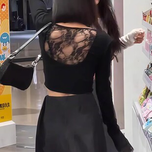 辣妹后背镂空蕾丝拼接长袖T恤女春秋修身设计感小众别致短款上衣