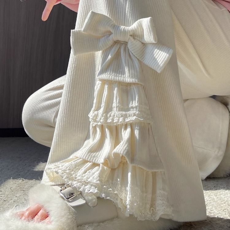 秋冬季休闲蝴蝶结蕾丝花边喇叭裤