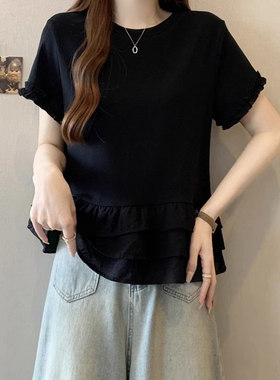 正肩时尚圆领短袖t恤女2026年夏季新款中款宽松拼接洋气裙摆上衣