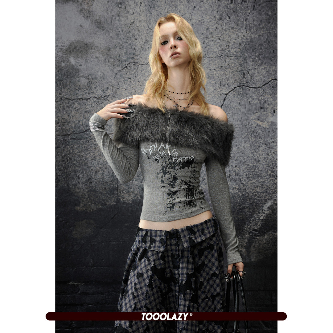 个性毛领印花长袖一字肩上衣女潮