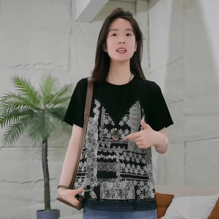 t恤 大码 女装 黑色圆领碎花假两件正肩上衣新款 胖mm宽松巨显瘦短袖