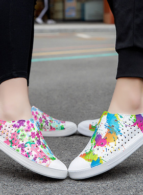 新款LUCHI鹭侈喷涂洞洞鞋男女休闲沙滩旅游情侣包头透气涉水凉鞋