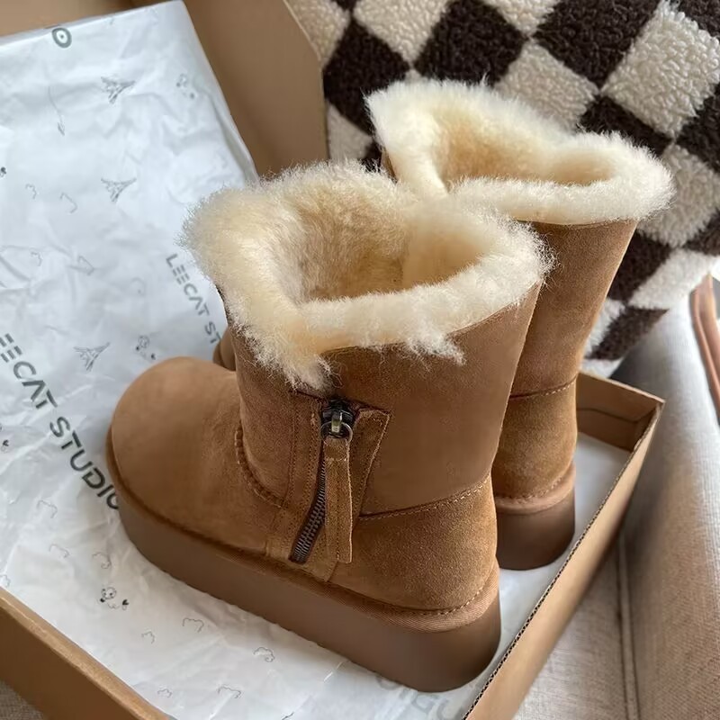 厚底雪地靴女2023年冬季皮毛一体加绒加厚保暖棉鞋拉链中筒棉靴