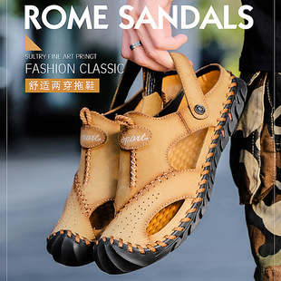 两用男拖鞋 休闲透气手工沙滩鞋 户外真皮包头凉鞋 跨境外贸出口夏季