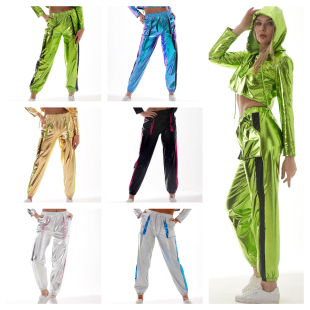 hiphop嘻哈街舞爵士舞台演出服镭射金设漆皮长裤 女 立体口袋运动裤