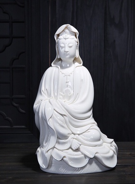 德化白瓷何朝宗同款坐蒲观音佛像新中式禅意玄关电视柜工艺品摆件