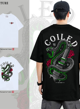 蝰蛇避震印花纯棉T恤改装车漫画Snake短袖汽车文化衫COILED气动图