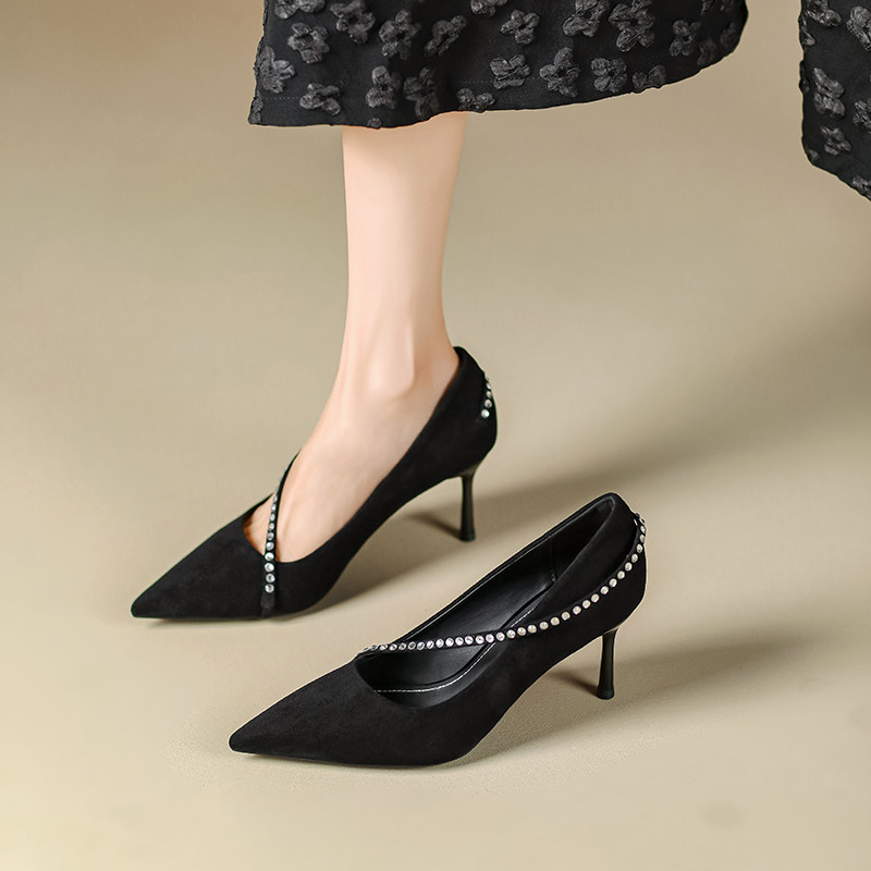 黑色绒面高跟鞋女细跟法式时尚不累脚18岁成人礼浅口尖头水钻单鞋