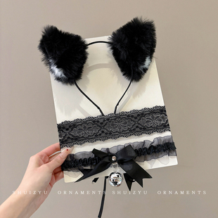 黑色纯欲猫耳朵发箍头饰女蕾丝眼罩****铃铛项圈可爱性感兽耳发卡