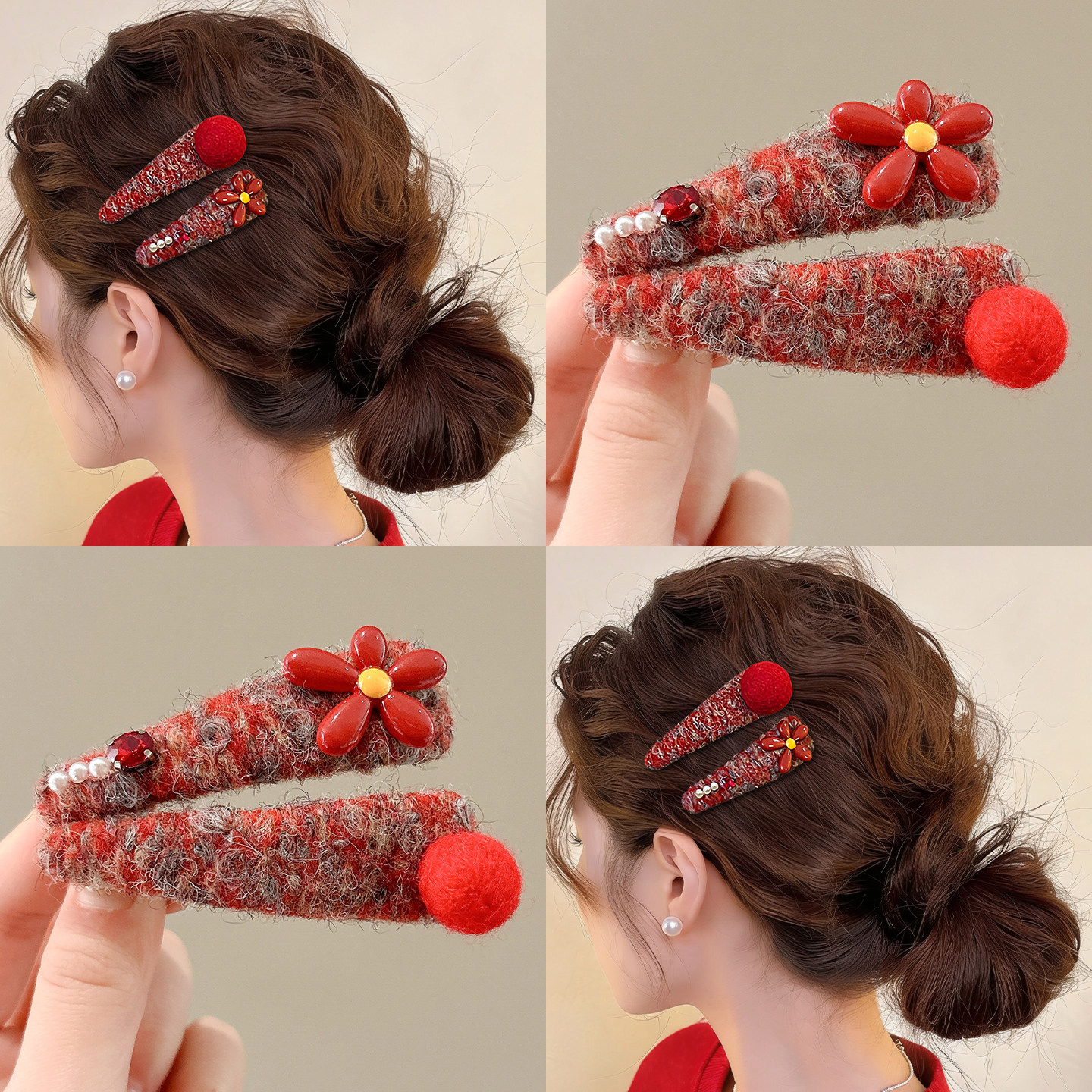 新年红色毛呢花朵发夹女2026新款侧边碎发刘海夹前额夹子头饰发卡,饰品/流行首饰/时尚饰品新,发饰,淘宝优惠券,粉丝福利购,淘宝优惠卷