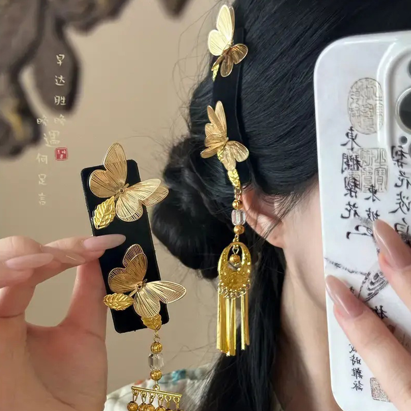 新中式金色蝴蝶流苏发夹