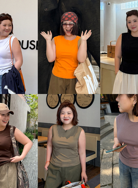 胖mm夏季无袖背心木子理想大码女装舒适弹力200斤遮副乳内搭T恤