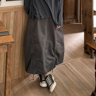 裙 春夏200斤松紧腰抽绳工装 胖mm复古花苞半身裙木子理想大码 女装