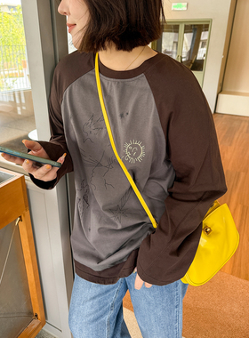 胖mm休闲拼接长袖T恤木子理想大码女装宽松复古遮肉插肩袖印花T恤