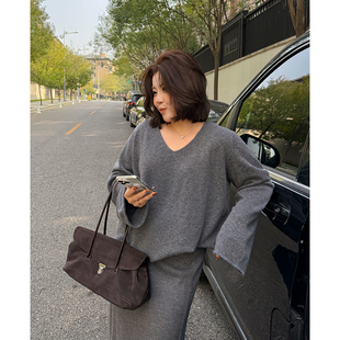 时髦针织两件套200斤冬 女装 胖mm毛衣半身裙优雅套装 木子理想大码