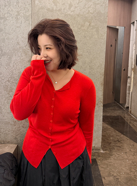 新年红色针织衫胖mm套头合体羊毛小衫儿木子理想大码女装收腰毛衣