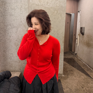 女装 儿木子理想大码 收腰毛衣 胖mm套头合体羊毛小衫 新年红色针织衫