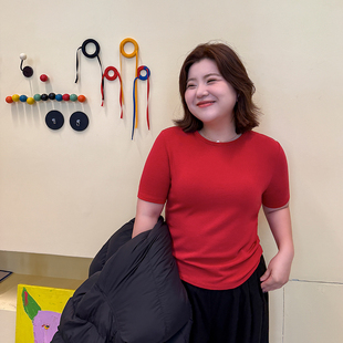 女舒服T恤显瘦内搭200斤 木子理想大码 胖mm秋冬精致磨毛短袖 打底衫