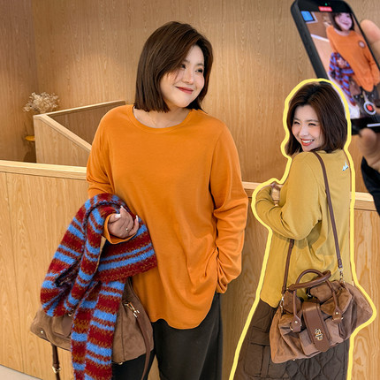 胖mm秋冬户外感长袖T恤木子理想大码女装印花舒适休闲百搭内搭T恤