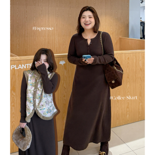 长裙子 半开襟收腰长袖 胖mm秋冬显瘦针织连衣裙木子理想大码 女装